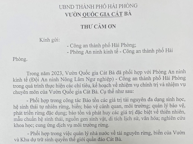 Vườn Quốc gia Cát Bà gửi thư cảm ơn